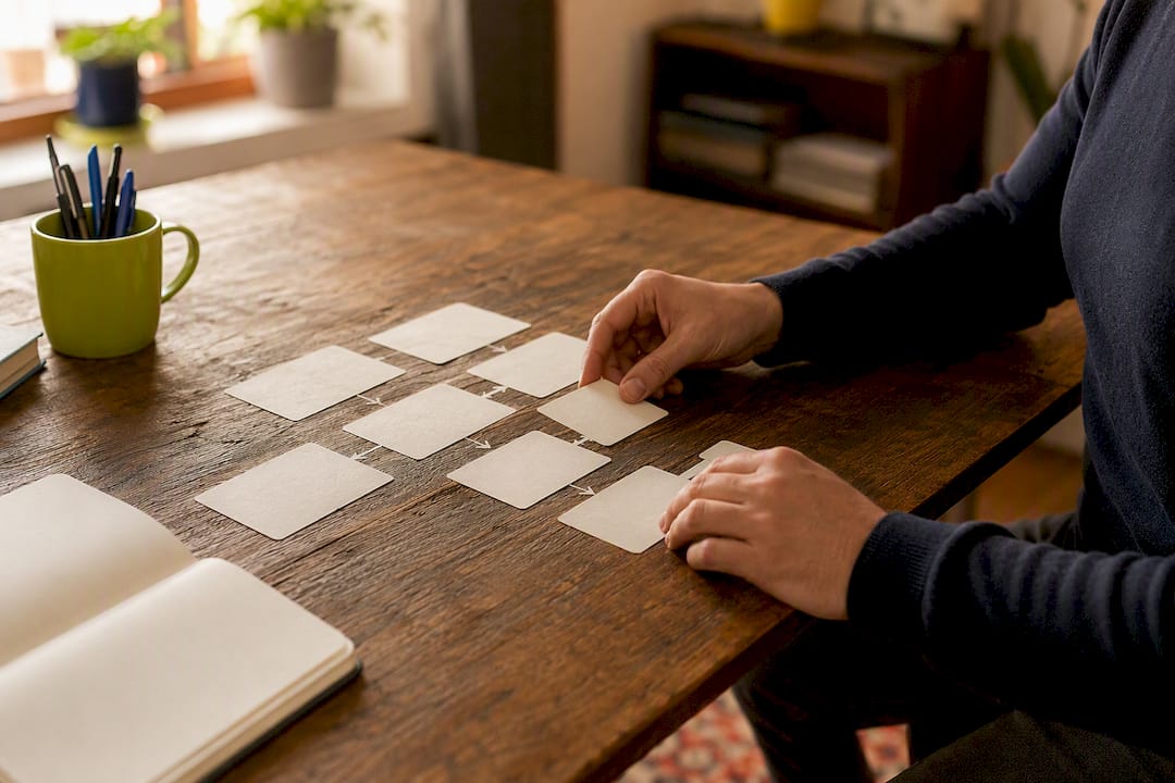 Person arranging blank cards on a wooden table with a notebook and green mug in the background.