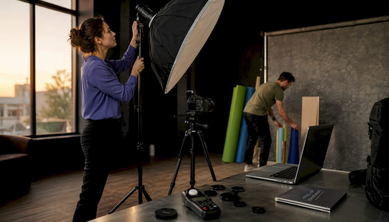 Photographer and assistant setting up studio lighting