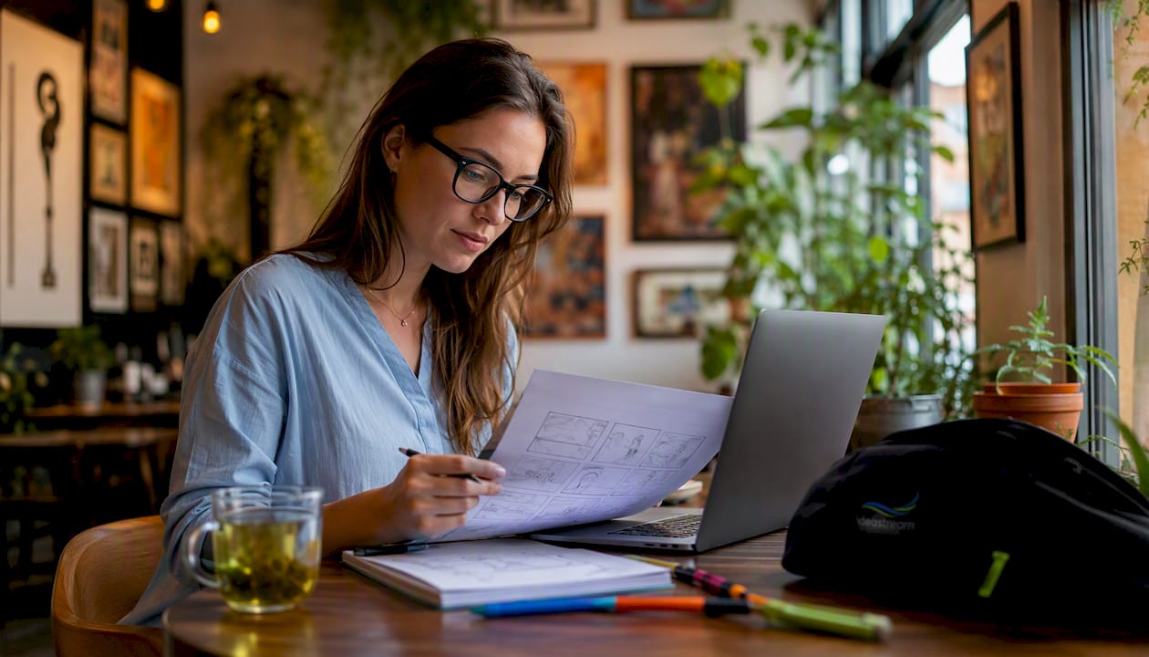 Storyboard Review in a Café | Idea Stream Marketing Video producer reviewing storyboard and laptop