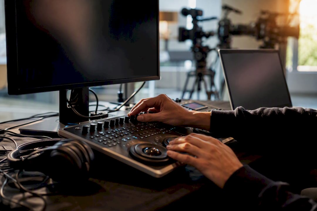 Video Editing Control Panel in Use | Idea Stream Marketing Close-up of a person's hands using a video editing control panel with a computer monitor in the background.