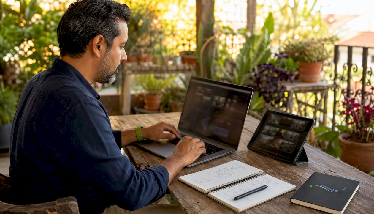 Hands editing video on laptop in coworking space