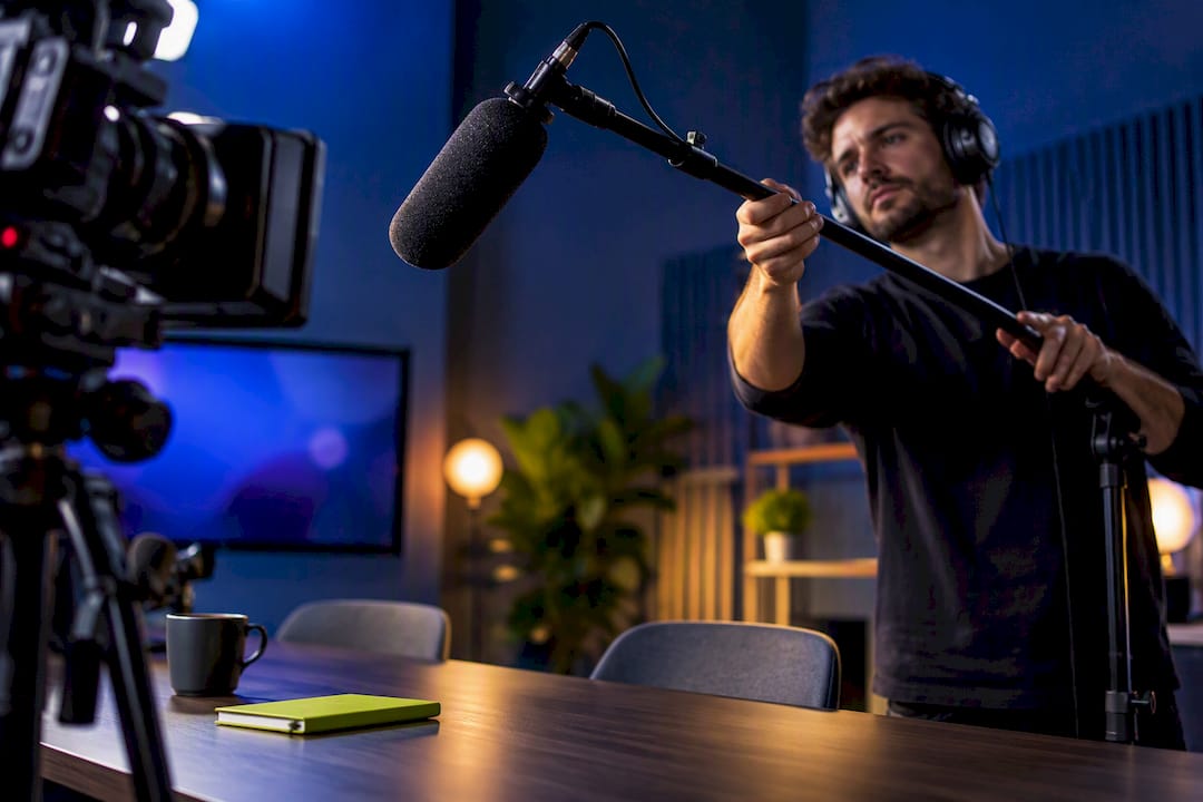 Technician Setting Up Microphone | Idea Stream Marketing Producer preparing branded content recording studio