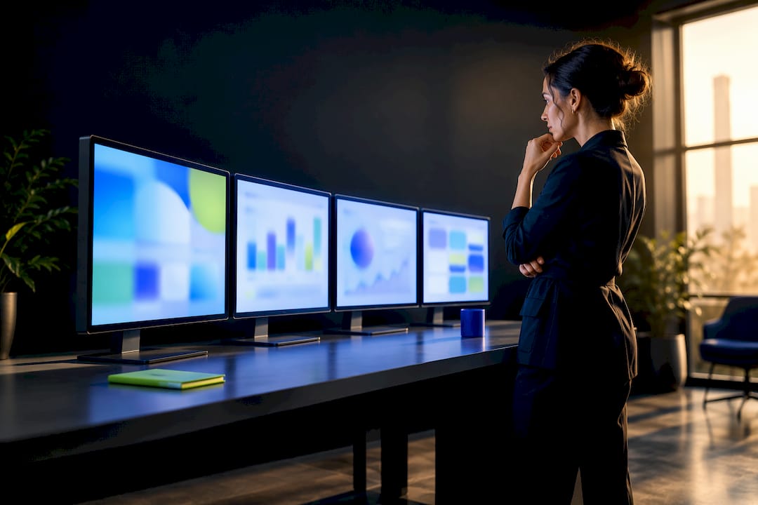 Strategist reviewing four weekly visibility dashboards