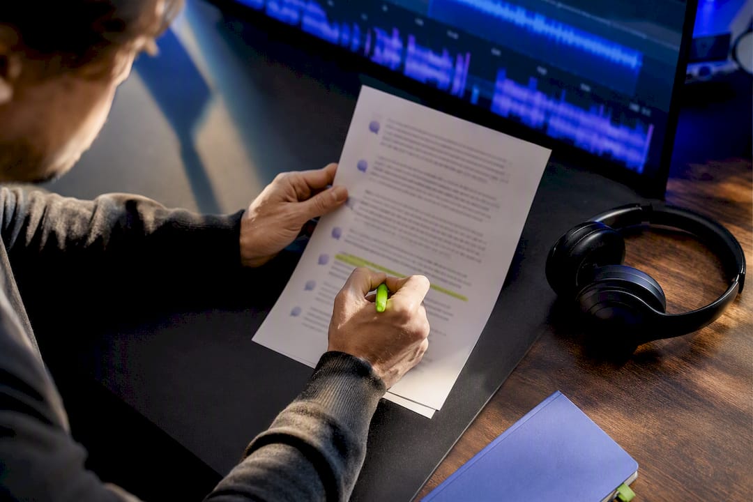 Highlighting Podcast Transcript | Idea Stream Marketing Hands selecting podcast clips from transcript