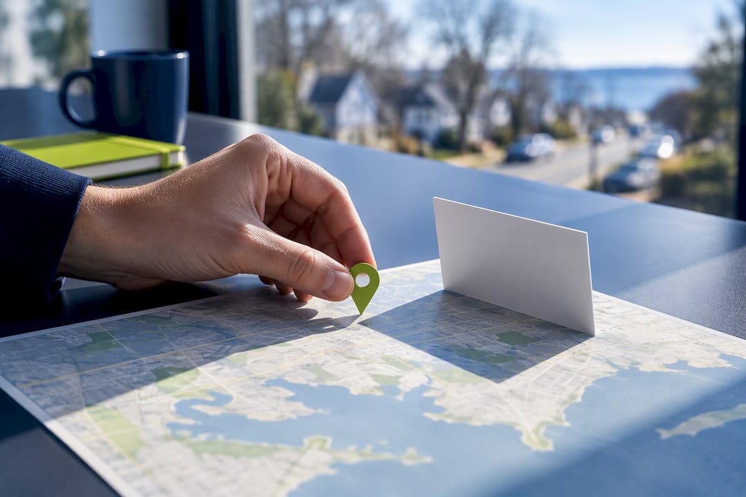 Map pin diagnostic scene for service area SEO