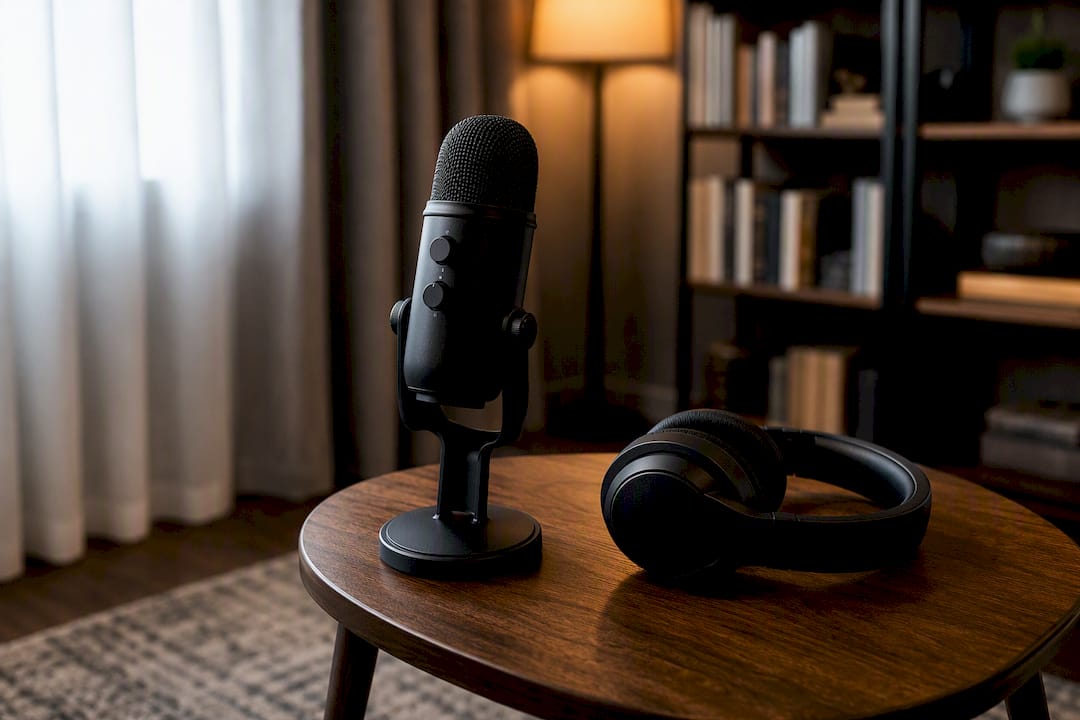 Podcast microphone and headphones in treated room
