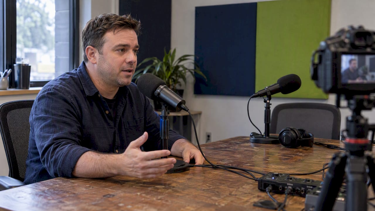 Business owner recording a video podcast
