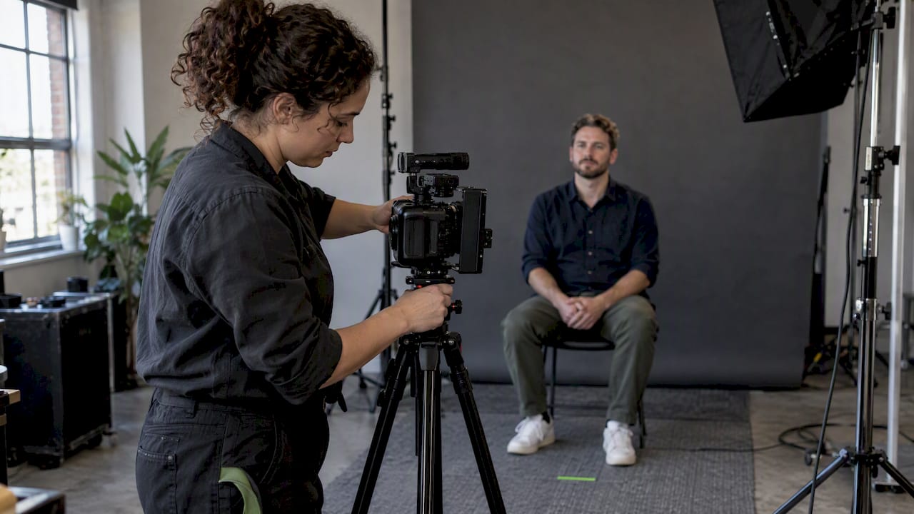 Operator rotates camera before framing an interview