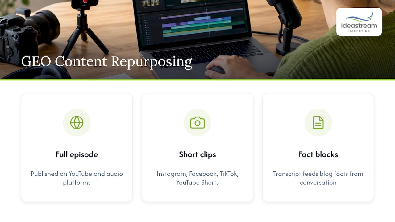 Podcast repurposing paths into clips and fact blocks