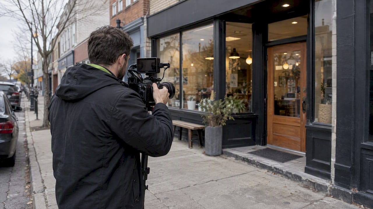 Videographer at Local Business | Idea Stream Marketing Videographer filming a local business exterior
